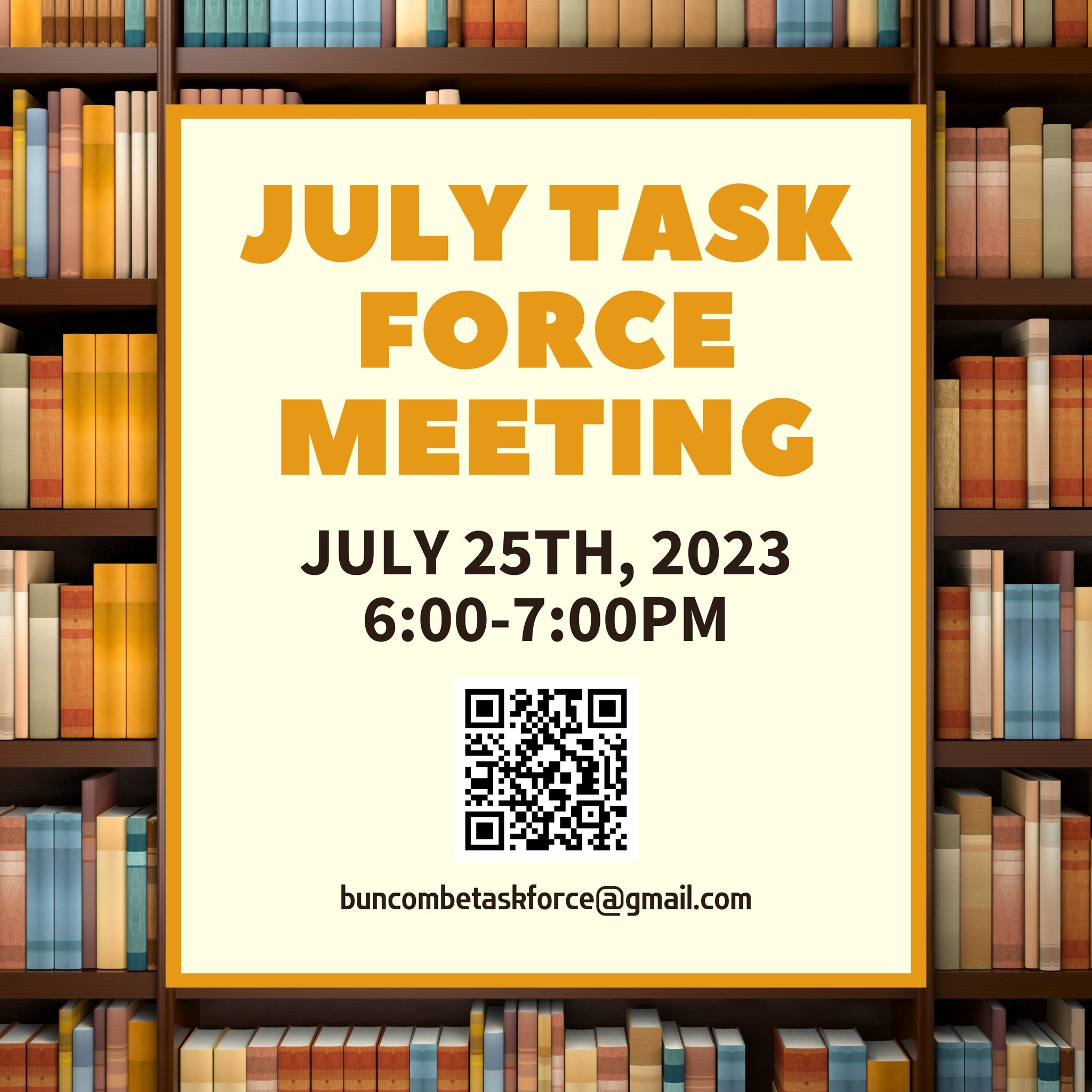 title and time of event with QR code with bookshelf background